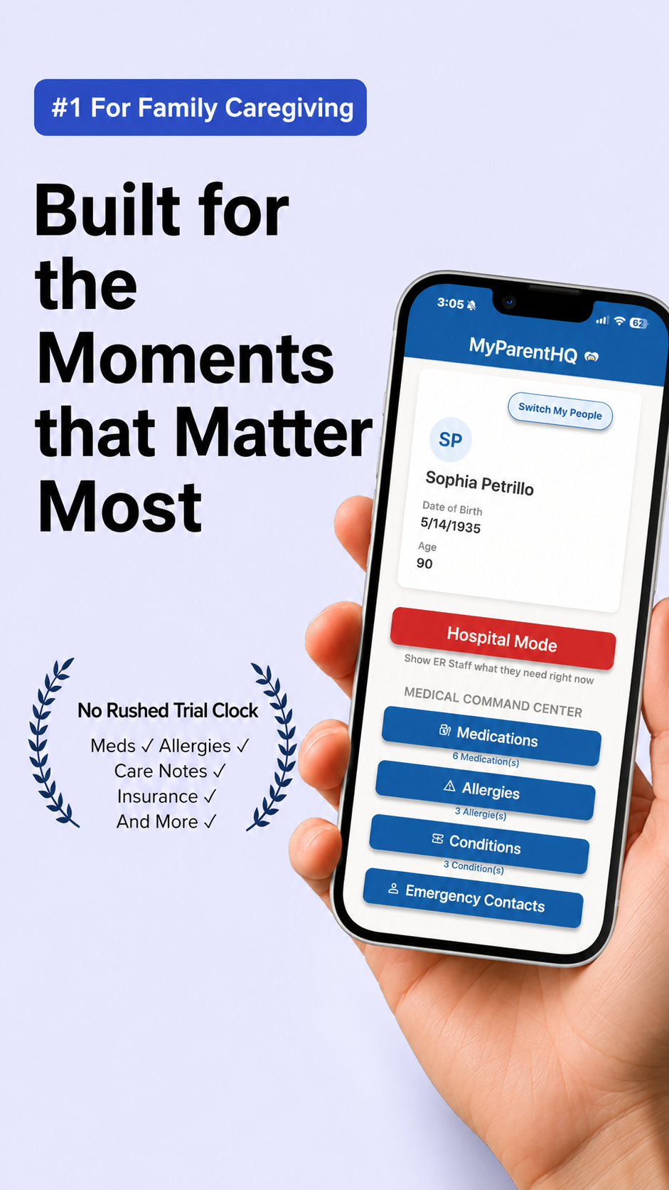 MyParentHQ app open on a phone, showing parent profile and Hospital Mode
