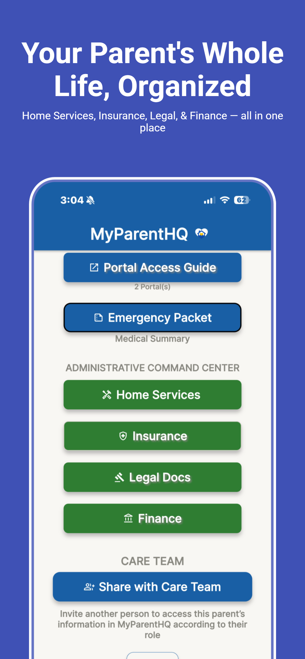 MyParentHQ home services, insurance, legal, and finance modules