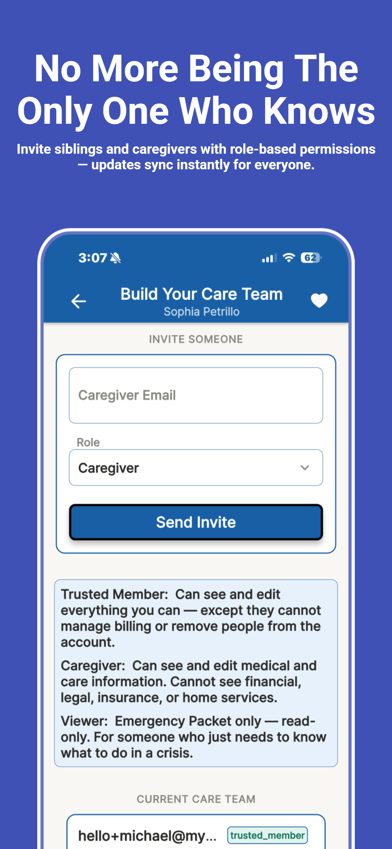 MyParentHQ Build Your Care Team invite screen